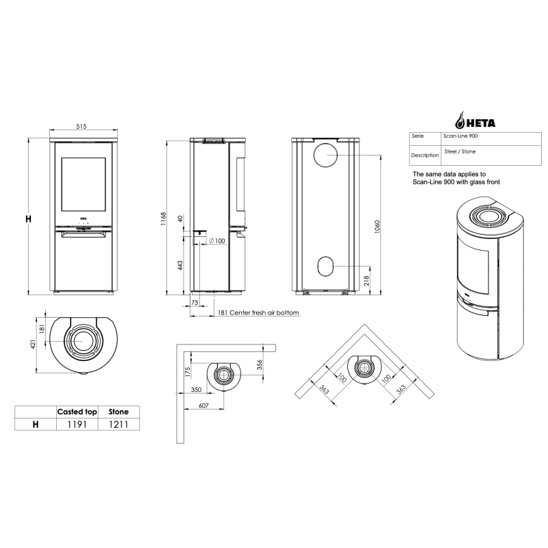 Піч-камін HETA Scan-Line 900 Limestone Glass Door