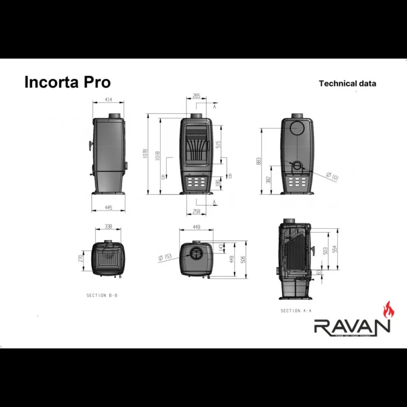 Чавунна піч-камін Ravan Incorta Pro 14 кВт
